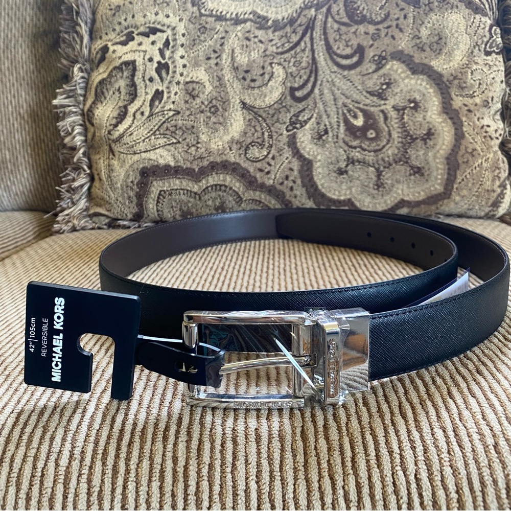 NWT Men’s MK Michael Kors Leather Belt Reversible Saffiano & Smooth Size 42